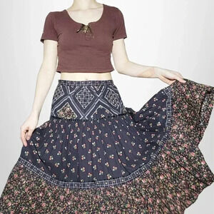 Vintage Navy and Pink Floral Midi Skirt